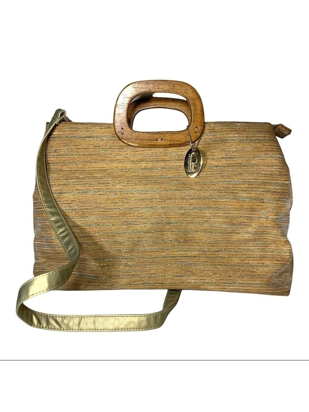 Cabrelli Vintage Tapestry Style Hand Bag Earth Tone Golden Wooden Handle ZipTote